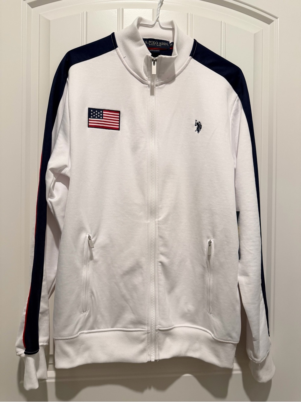 U.S. Polo Assn. White Track Jacket with Navy & Red Trim
